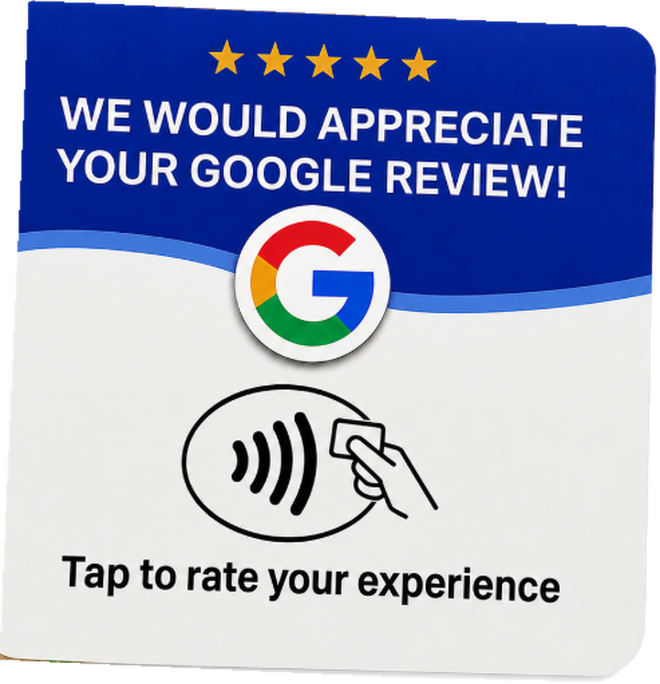 The FiveStarTap review card: five gold stars above the words We would appreciate your Google review, the Google logo, and a contactless tap symbol.