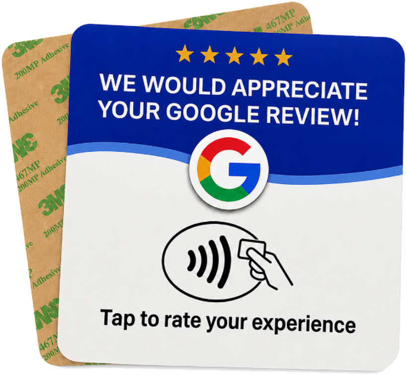 The FiveStarTap review card shown front and back — the blue review card and its 3M adhesive backing.