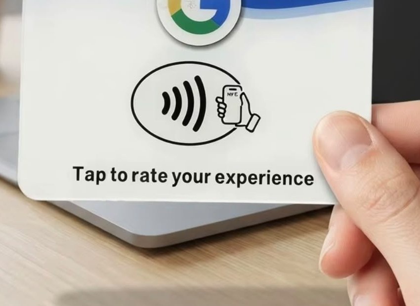 Close-up of the contactless tap symbol on the card and the words Tap to rate your experience.
